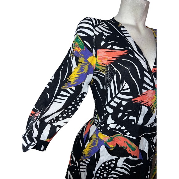 NY & Co. Women's Size S Tropical Bird Print Wrap Midi Dress Black White Small - Picture 3 of 7